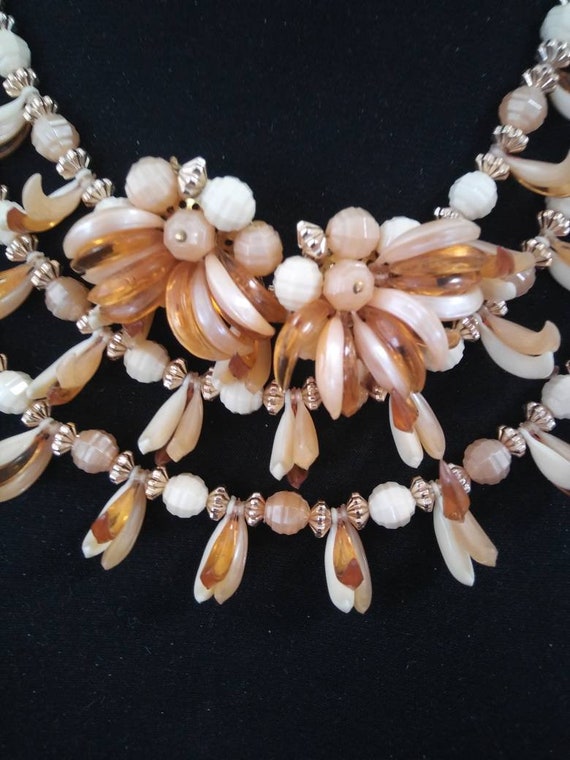 Unique beige 3 strand beaded mid-century necklace… - image 2