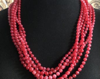 Collier Vintage 3 Rangs Rouge Et Blanc Années 60 - Laiton Et Verre, Occasion Bon état