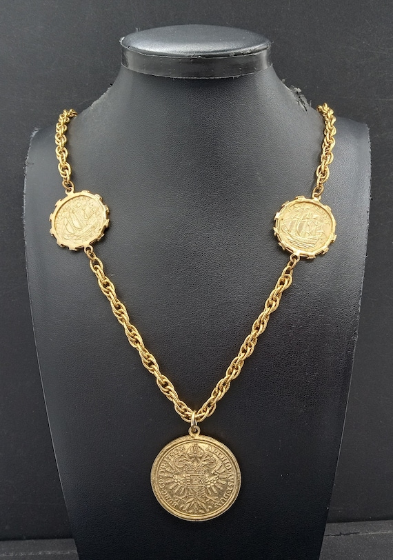 Vintage Coin Pendant Necklace, 1970's 1980's Gold… - image 2