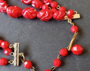 Collier Vintage 3 Rangs Perles Vertes Et Chaine Cuivre - Bijou Ancien à La Belle Patine