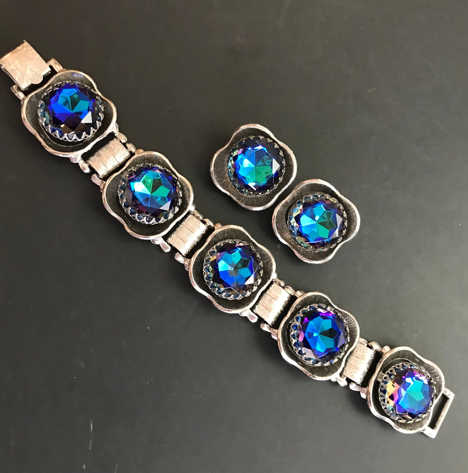Simply Stunning Blue Heliotrope Rhinestone Bracelet Earring Jewelry Set ...