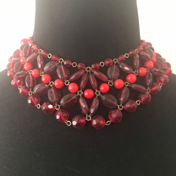 Red glass & Lucite bib statement choker necklace