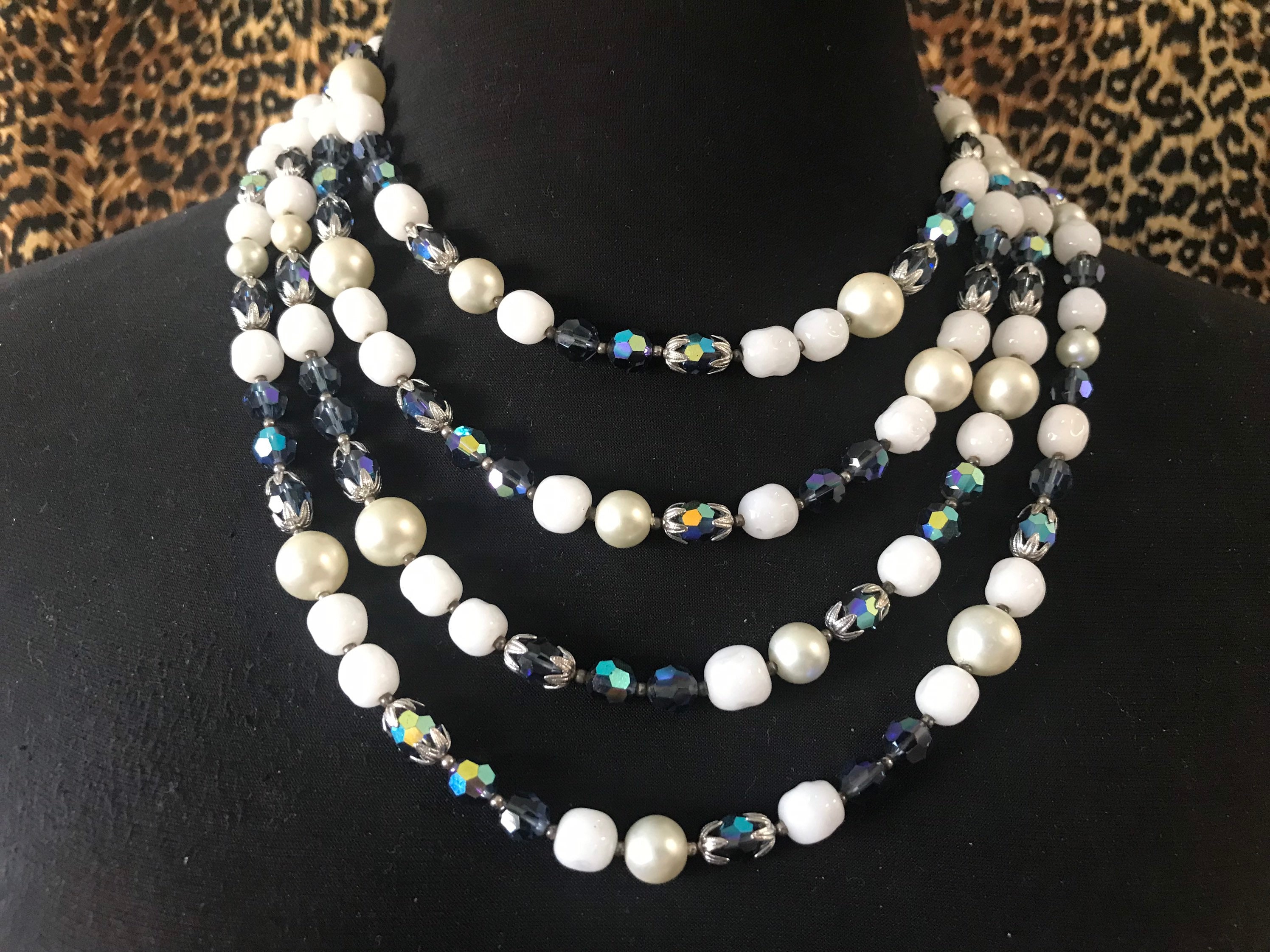 ★VINTAGE HOLLYWOOD★ Bumpy Beads Necklace Vintage 1950s Chunky Glass Beaded Multi 4 Strand Blue Faux