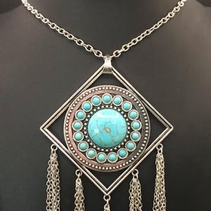 Vintage Long Faux Turquoise Tassel Pendant Necklace