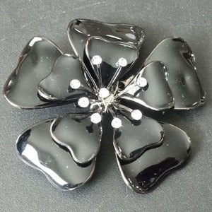 Vintage Black Enamel Rhinestone Flower Brooch Pin