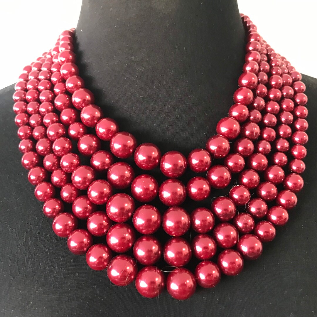 Collier Vintage 14 Rangs - Perles Rouges Sur Chaîne Or - Longueur 33cm