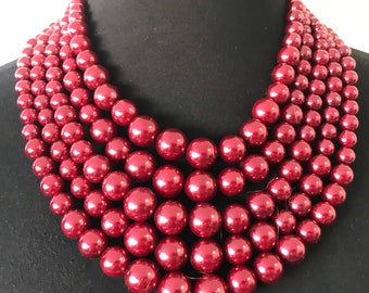 Vintage Chunky Beaded Multi 5 Strand Red Necklace Retro Collectible Rockabilly Jewelry 1990s Accessories