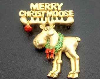 J.J. Vintage Merry Christmoose Brooch Pin, 1970's 1980's Designer Signed Jewelry, Christmas Gift Idea
