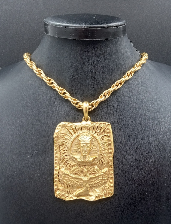 Vintage Long Chunky Chain Egyptian Revival Pendan… - image 1