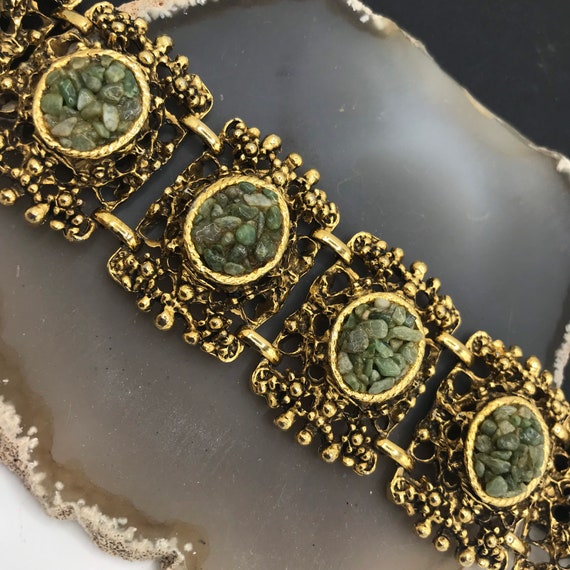 Vintage Green Jade Chips Wide Bracelet, 60s 70 Vi… - image 8
