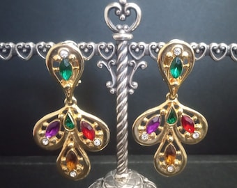 Vintage Rhinestone Declaración Dangle Drop Clip en pendientes 1970's 1980's