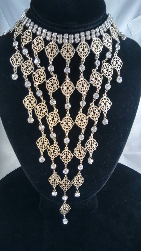 Vintage Rhinestone Necklace, Dangle Drop Bib Statement
