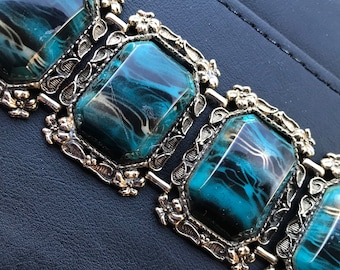 Bracelet large et large en lucite vert sarcelle Selro renaissance victorienne vintage, bijoux amusants et colorés du milieu du siècle