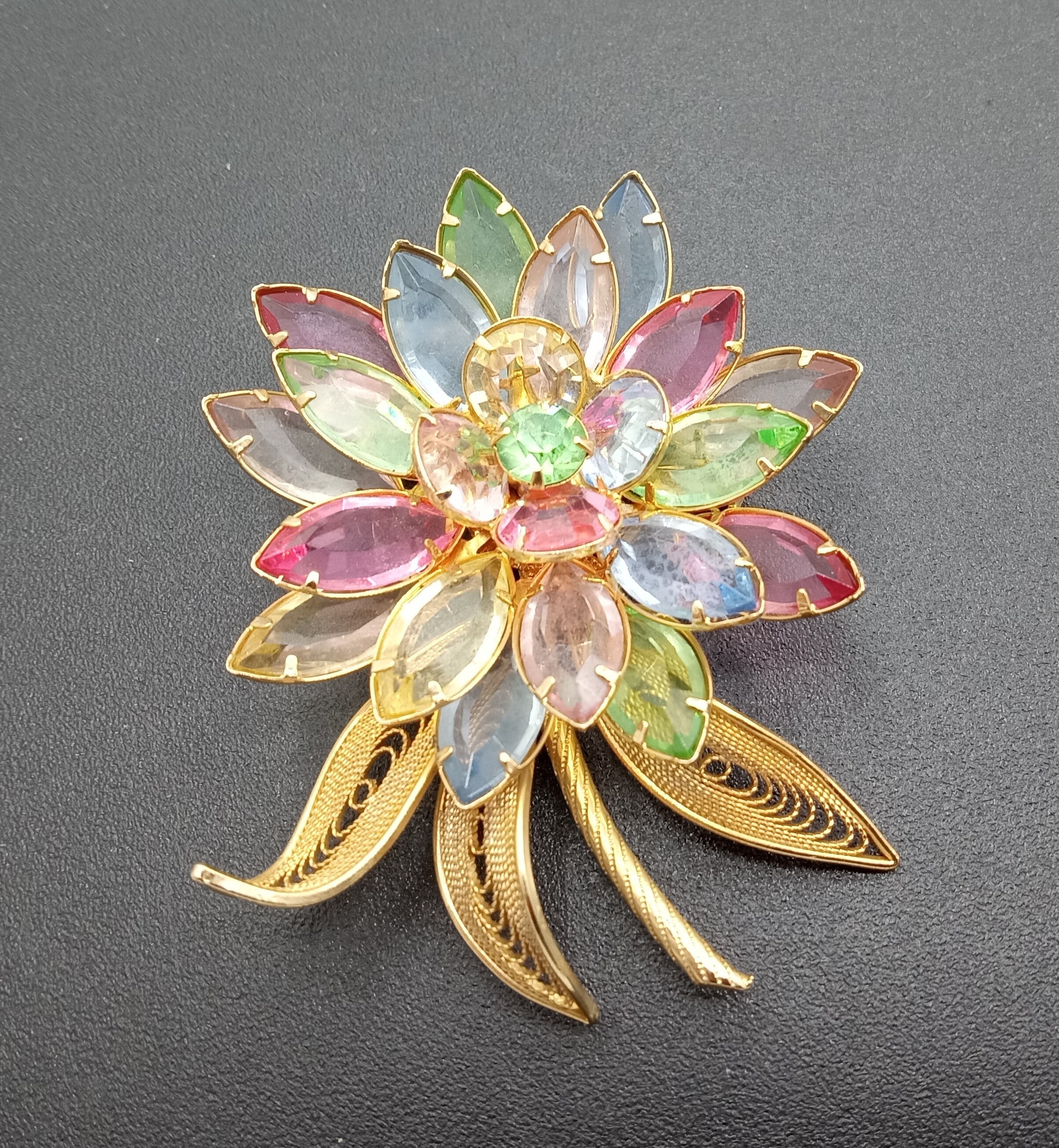 Vintage Blue Green & Pink Glass Rhinestone Flower Brooch Pin