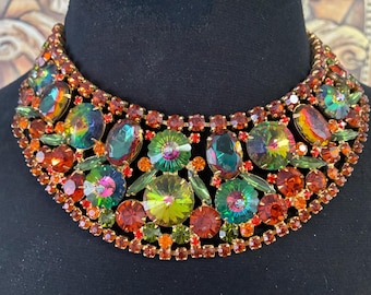 Juliana 1960's High End Red Green Orange Blue Watermelon Glass Rhinestone Vintage Statement Necklace Earring Set, Old Hollywood Glam Jewelry