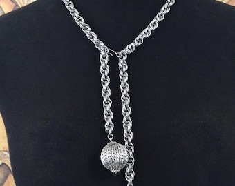 Vintage Chunky Long Silvertone Lariat Tassel Necklace, 1950's 1960's Jewelry