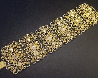 Bracelet vintage épais et large panneau doré, bijoux des années 1950 1960, bracelet de 20 cm de long
