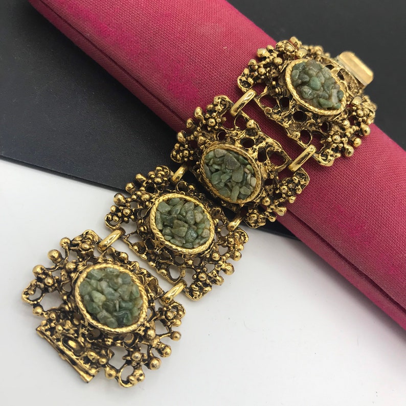 Vintage Green Jade Chips Wide Bracelet, 60s 70 Vintage Jewelry image 5