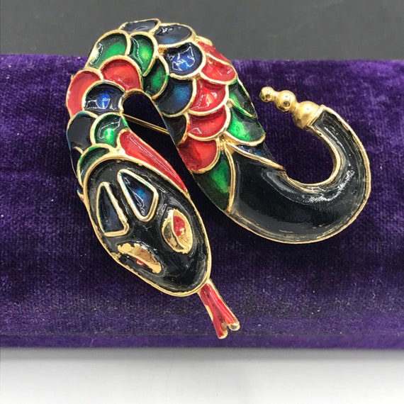 Vintage Black Red Green Enamel Snake Brooch - Ret… - image 2