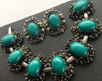 Mid century green Lucite cabochon Victorian revival SELRO style bracelet earring jewelry set