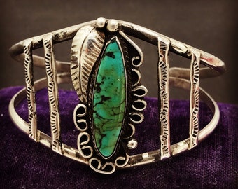 Designer Signed AV Sterling Bracelet, Vintage Native American Southwestern Style Turquoise Cuff Bracelet, Nice Jewelry Gift for Her