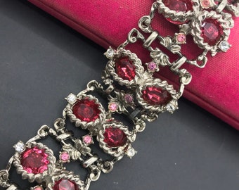 Bracciale con strass rosa firmato Hollywood molto raro, gioielli vintage firmati da designer di fascia alta, fascino della vecchia Hollywood degli anni '50 e '60