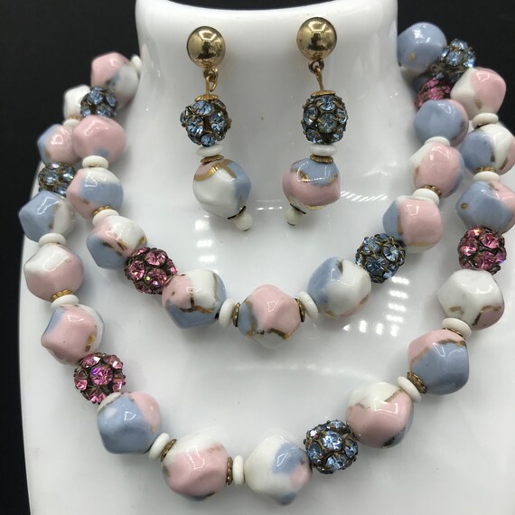 Glass Beaded Jewelry Set,  pink & blue rhinestone… - image 7