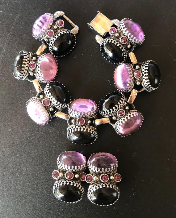 Selro 1950s 1960s rhinestone jewelry set, chunky wide bracelet clip-on earrings, black & lavender rhinestones, mid-century vintage gift idea