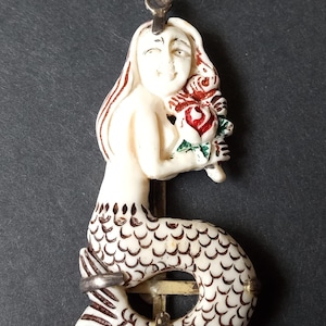 Vintage Carved Mermaid Sterling Silver Pendant