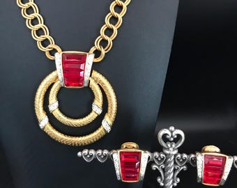 Craft Vintage Signed Red Rhinestone Art Deco Style Pendant Necklace & Clip On Earrings Jewelry Set, High End Collectible Costume Jewelry