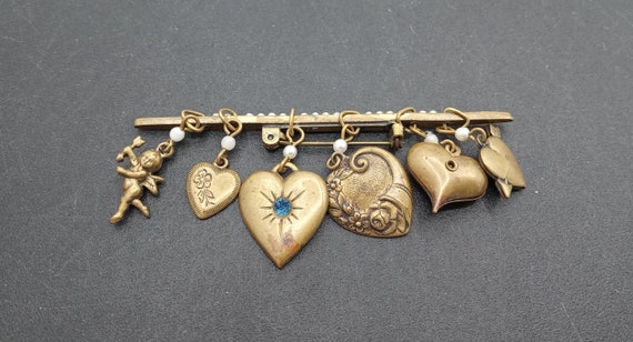 Antique Hearts Cherub Dangle Bar Brooch Pin - image 3