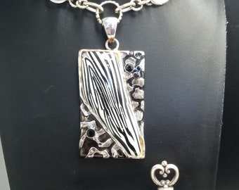 Vintage Zebra Print Statement Pendant Necklace & Pierced Earrings Jewelry Set