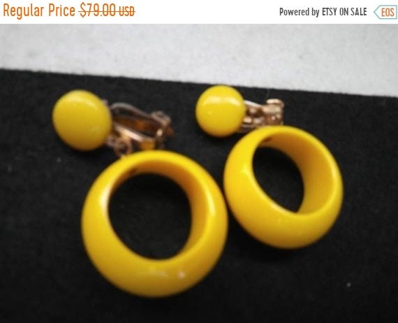 Bright yellow hoop clip on earrings, 1960s 1970s j