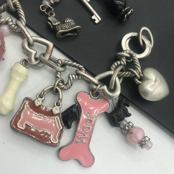 Vintage Dog Charm Bracelet, Bone Heart Key Rhines… - image 3