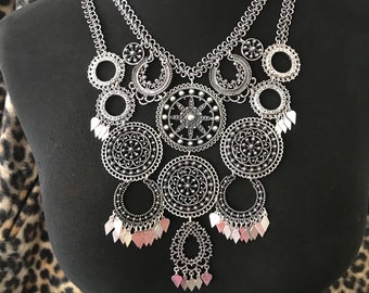 Silvertone metal bib statement necklace