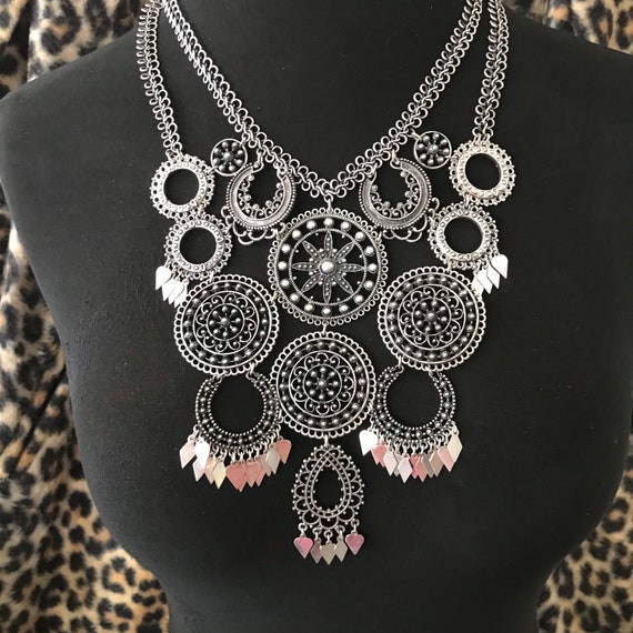 Silvertone metal bib statement necklace - image 1