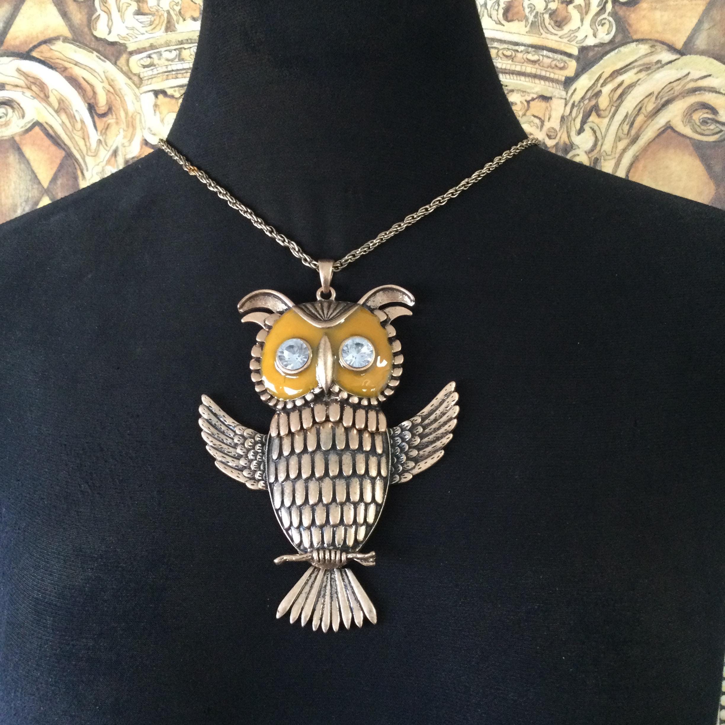 Vintage Goldtone Long Chain Rhinestone Owl Pendant Necklace