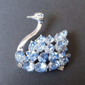 Vintage Blue Rhinestone Swan Brooch Pin, 1950s Figural Jewelry, Vintage Present