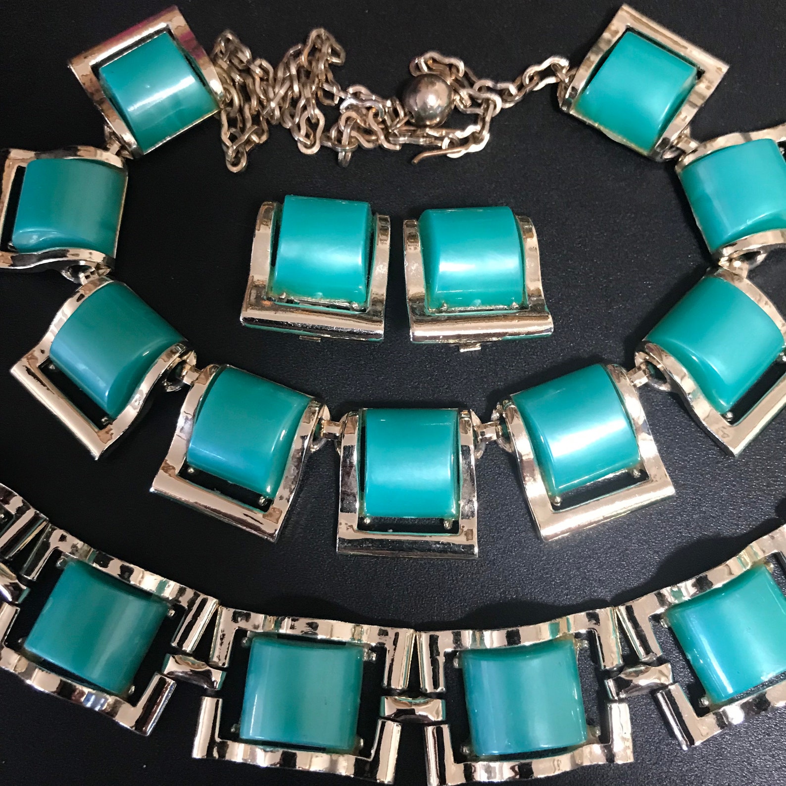 Vintage Teal Green Jewelry Set Necklace Bracelet & Earring Etsy