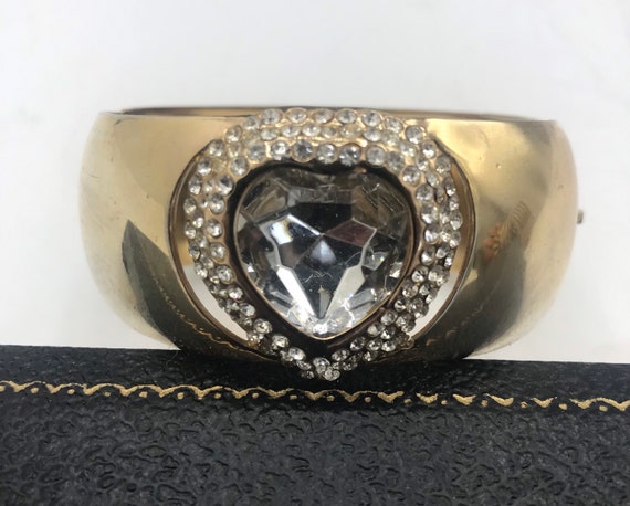 Vintage Rhinestone, Heart Bracelet,  Gold Tone Metal, Clamper Bracelet, Cute Collectible, Costume Jewelry, Vintage Gift Idea