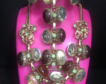 Selro 1950s 1960s rhinestone jewelry set, chunky wide necklace, bracelet clip-on earrings, clear brown mogul cabochons, green rhinestones
