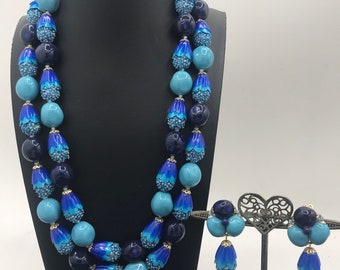 Vintage Aqua Blue Necklace Earring Set, Retro 2 Multi Strand Jewelry, 1950s 1960s Mad Men Mod Mid Century Collectible Accessories