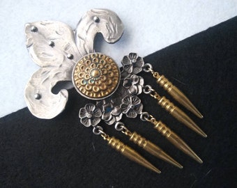 Robert Rose Brooch Pin, designer signed, fleur-de-lis tassel large brooch, Vintage Jewelry, Silver Gold Pin