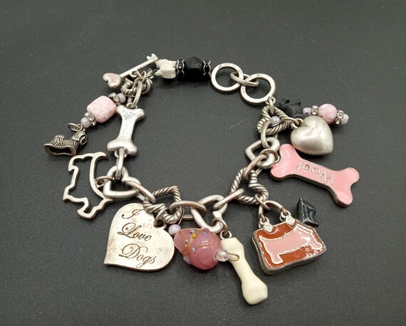 Vintage Dog Charm Bracelet, Bone Heart Key Rhines… - image 5