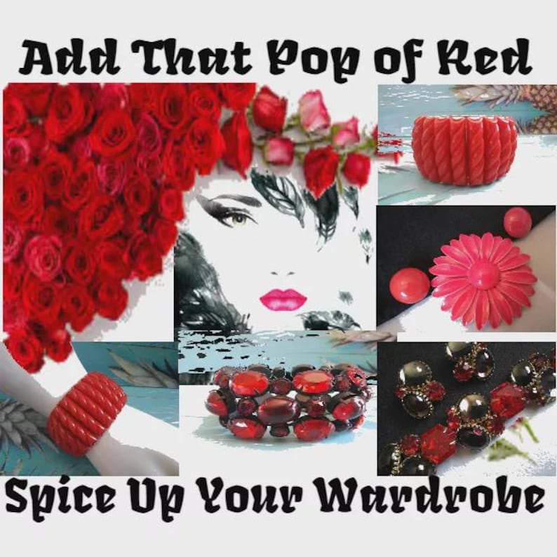 Puede incluir: Un collage con accesorios rojos y los textos "Add That Pop of Red" y "Spice Up Your Wardrobe". Incluye una pulsera roja, un broche en forma de flor y una pulsera con varias piedras. Tambi&eacute;n aparece el rostro de una mujer con labios rojos.