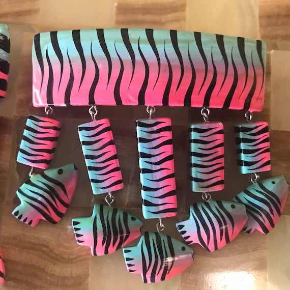 1980s Aqua Blue Pink Zebra Animal Print Fun Woode… - image 9