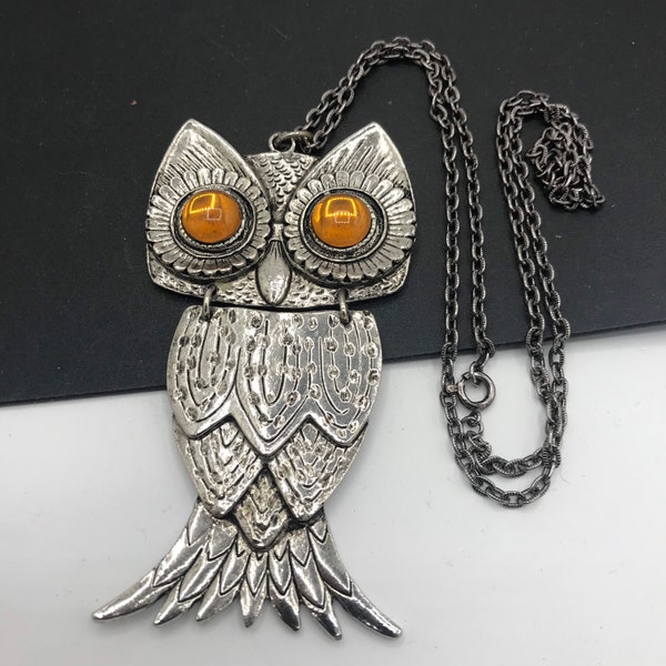 Big Owl Pendant Necklace, 1960s 1970s chunky large light glass eyes funky big owl pendant, mid century jewelry