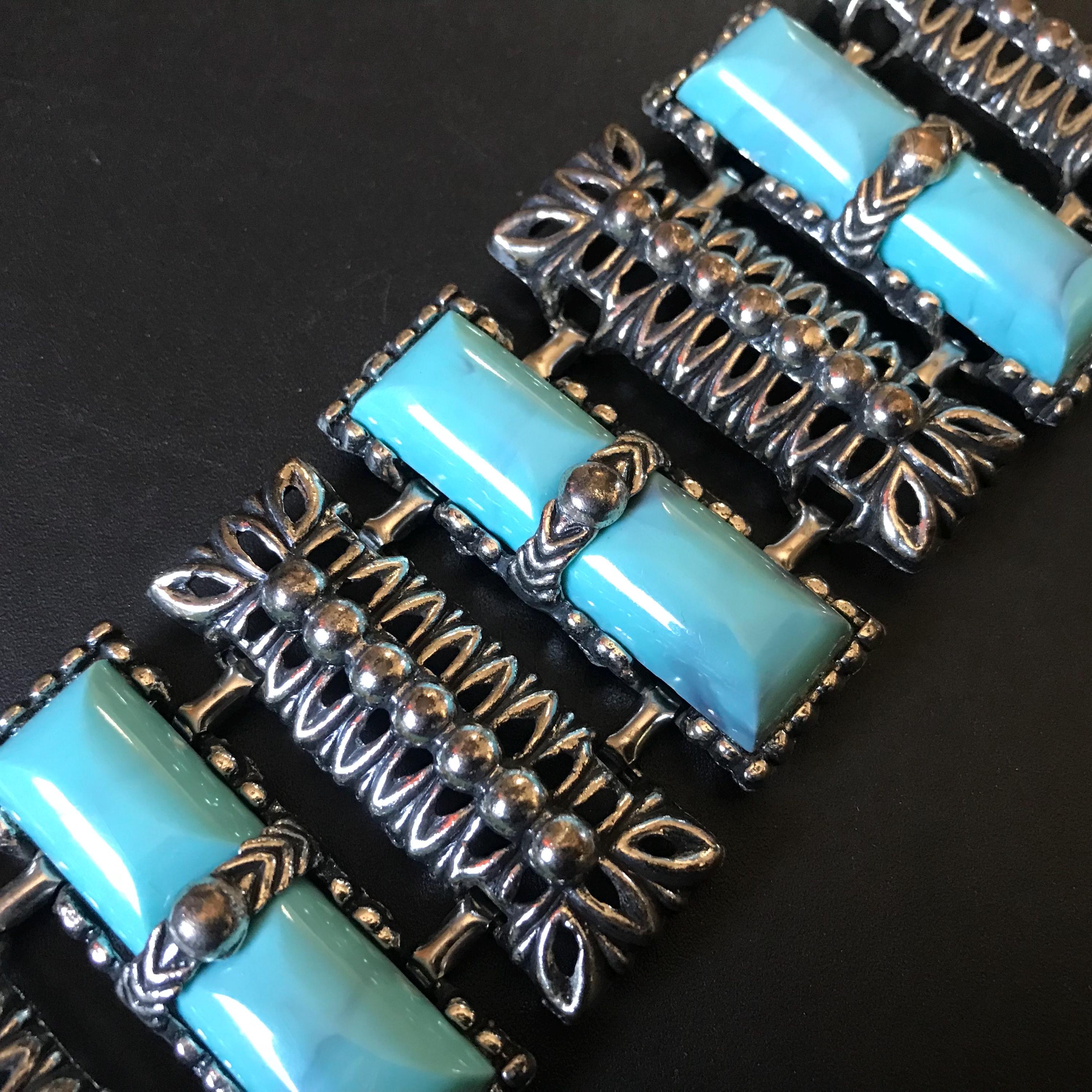 Bracelet Flex Vintage En Turquoise Naturelle Et Métal Chromé – Années 70–80, Longueur Ajustable – Occasion