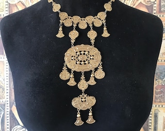 Vintage Unsigned Goldette Designer Jewelry Set, Statement Necklace & Dangle Earring, Etruscan Jewelry, Mid Century 1960s Jewelry Set