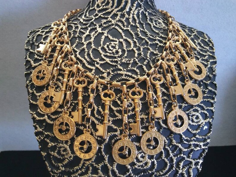 Stylish Vintage Key Clock Charm Bib Statement Pendant Fringe Etsy